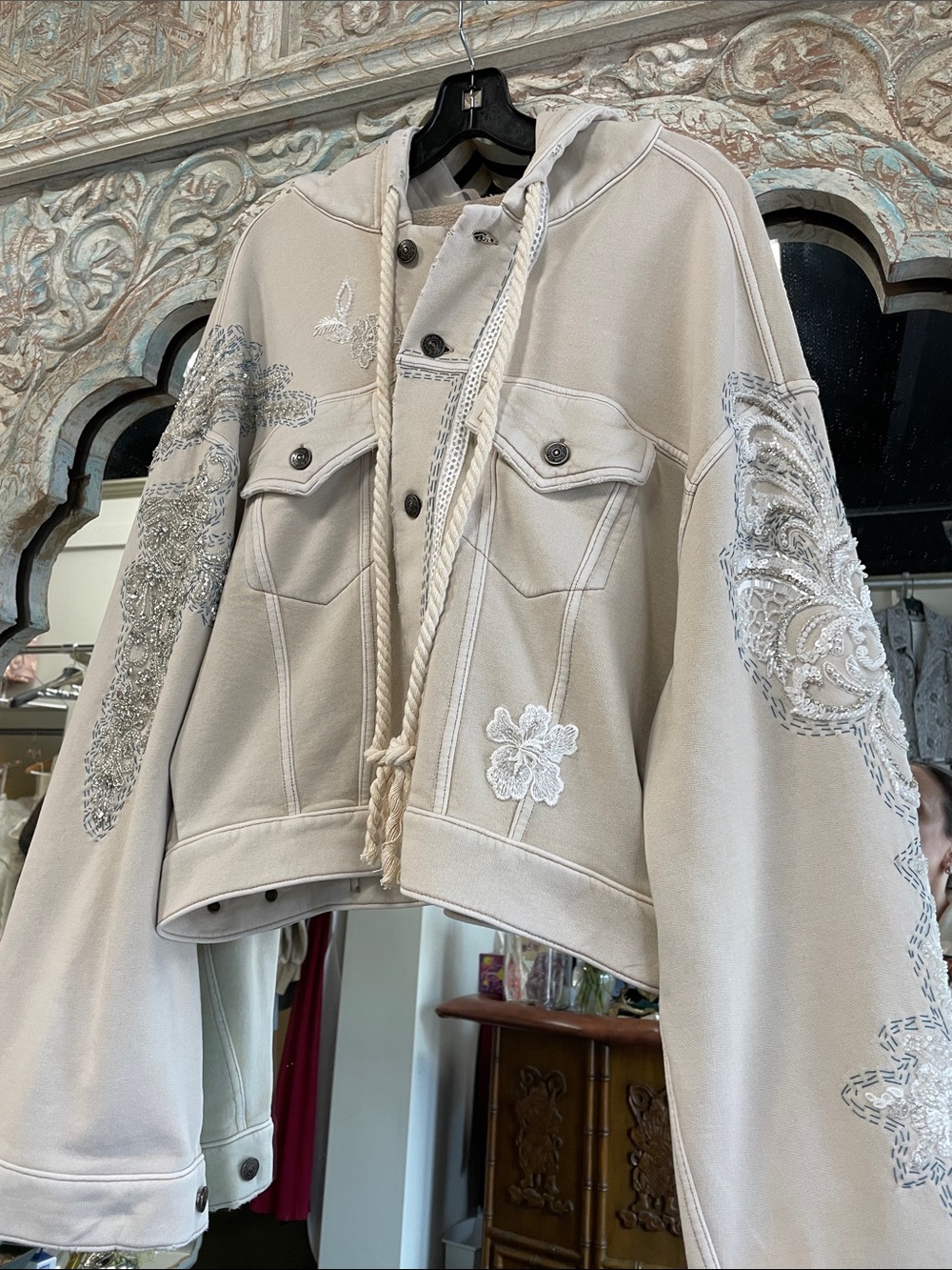 Free People Cream Embroidered Hooded Crop Jacket